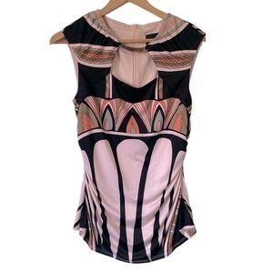 Frank Lyman Pink Black Elegant Top Ruched Cap Sleeve  Cut Out Metal Bar Accent 8